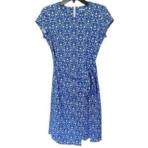 J MCLAUGHLIN Havana Catalina Cloth Sheath Dress Floral Blue Bird Faux Wrap Sz XS